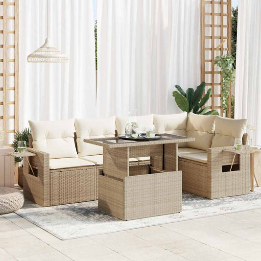 6-tlg. Garten-Sofagarnitur mit Kissen Beige Poly Rattan
