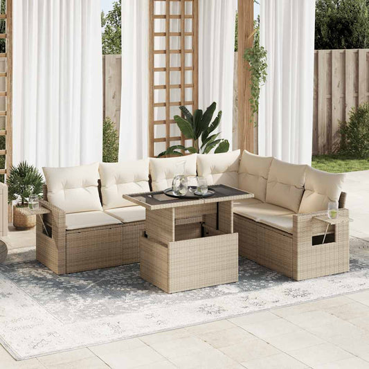 7-tlg. Garten-Sofagarnitur mit Kissen Beige Poly Rattan