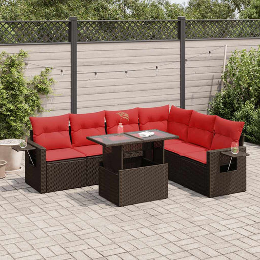 7-tlg. Garten-Sofagarnitur mit Kissen Braun Poly Rattan Akazie
