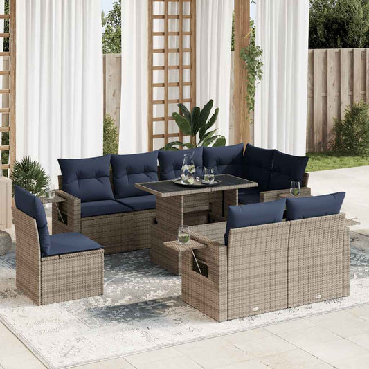 9-tlg. Garten-Sofagarnitur mit Kissen Grau Poly Rattan