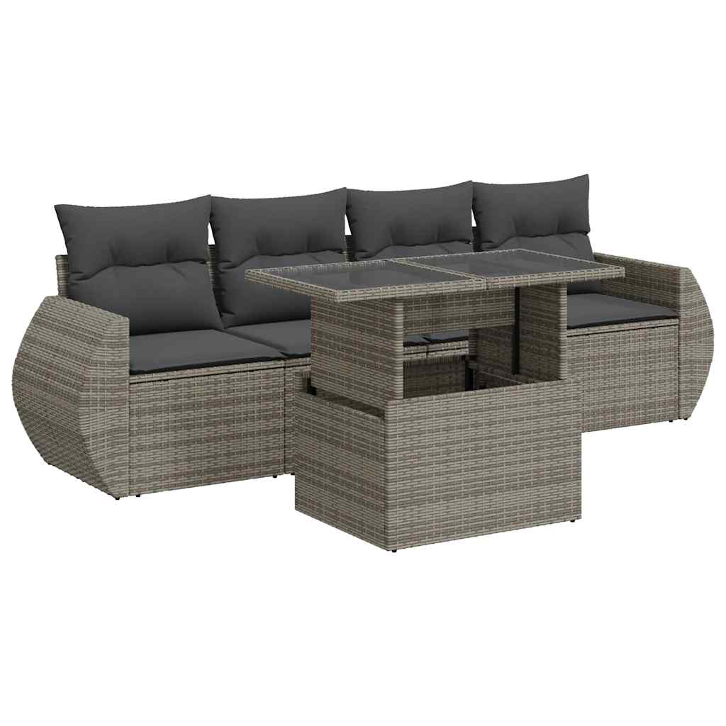5-tlg. Garten-Sofagarnitur mit Kissen Grau Poly Rattan