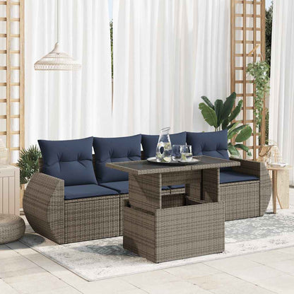 5-tlg. Garten-Sofagarnitur mit Kissen Grau Poly Rattan Akazie