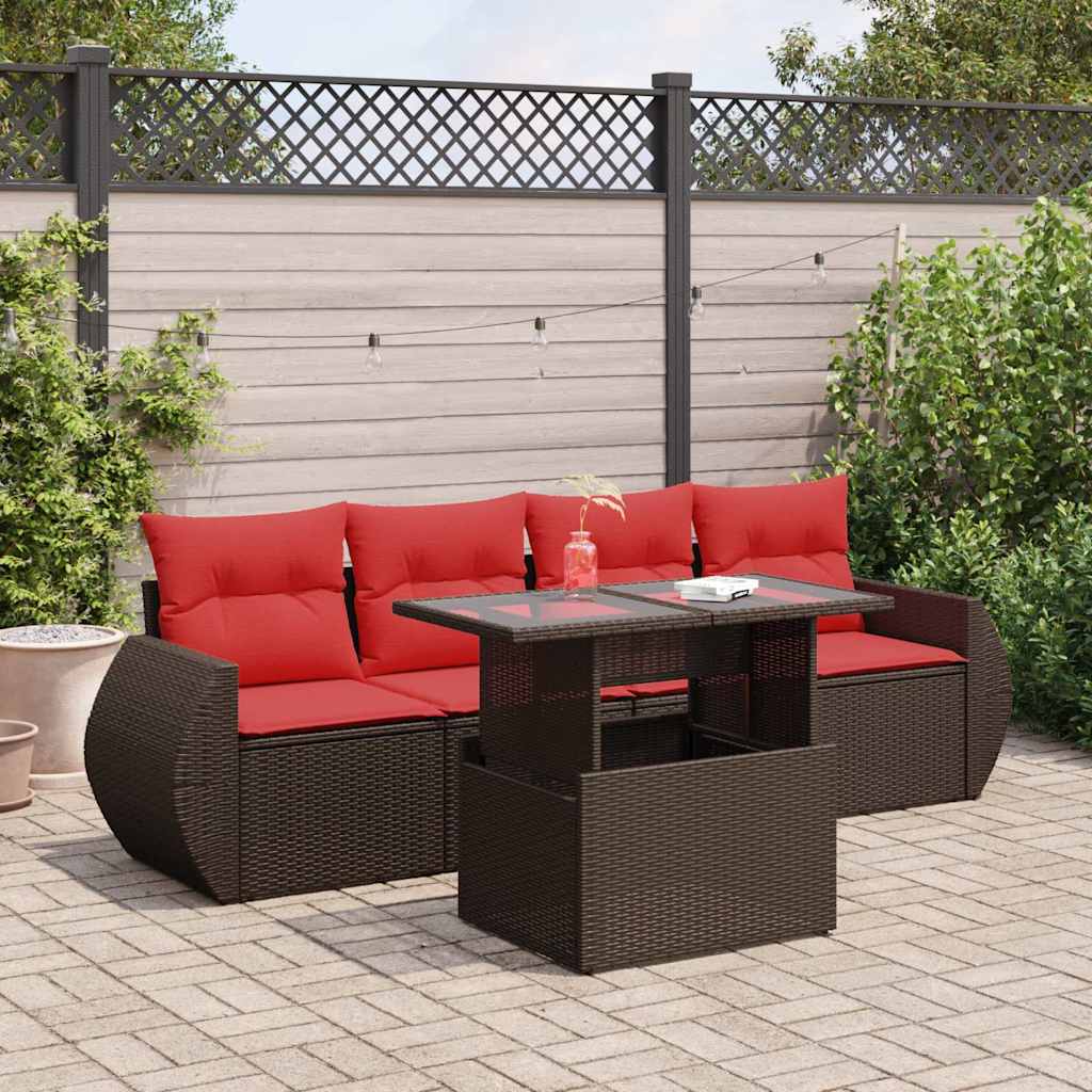 5-tlg. Garten-Sofagarnitur mit Kissen Braun Poly Rattan Akazie