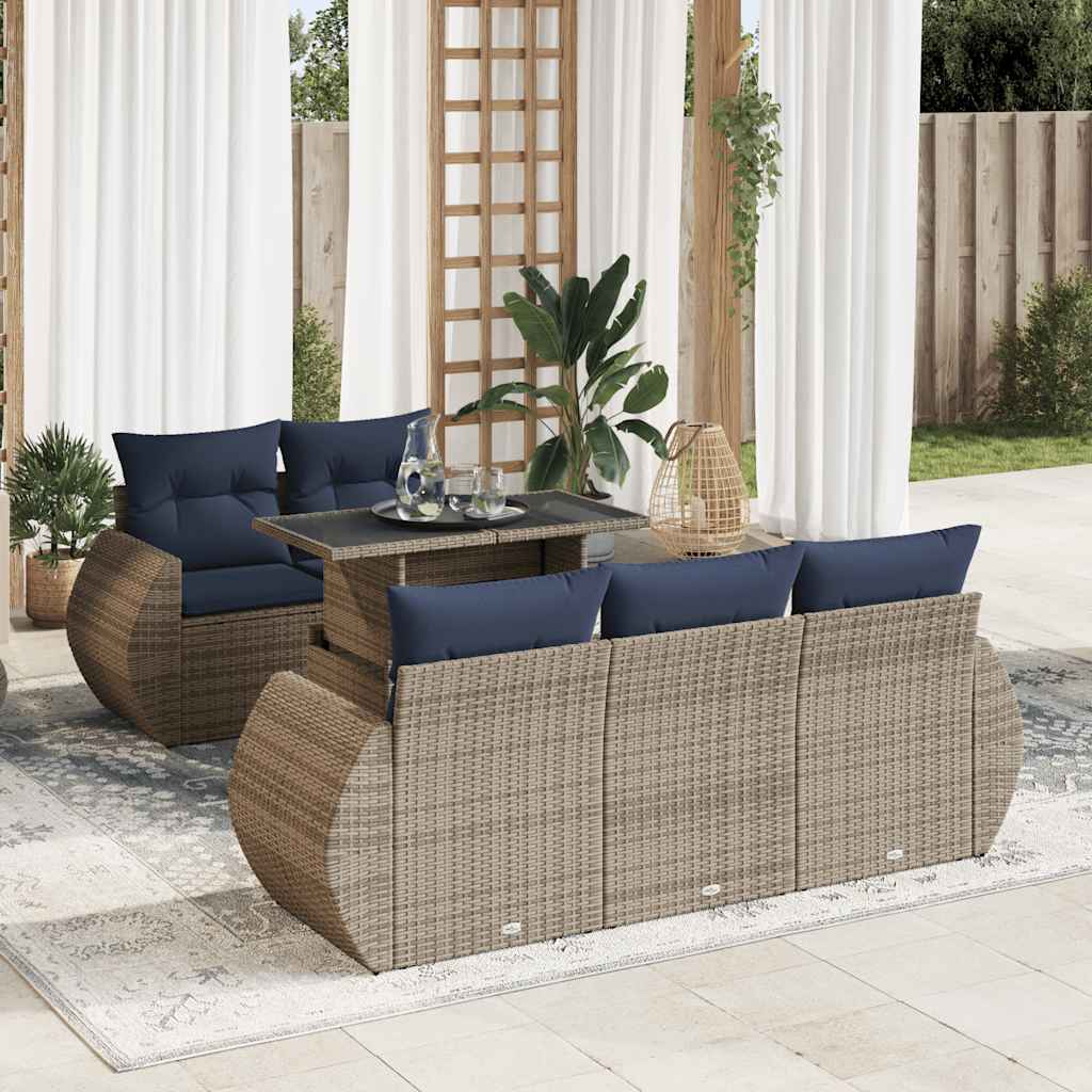6-tlg. Garten-Sofagarnitur mit Kissen Grau Poly Rattan Akazie