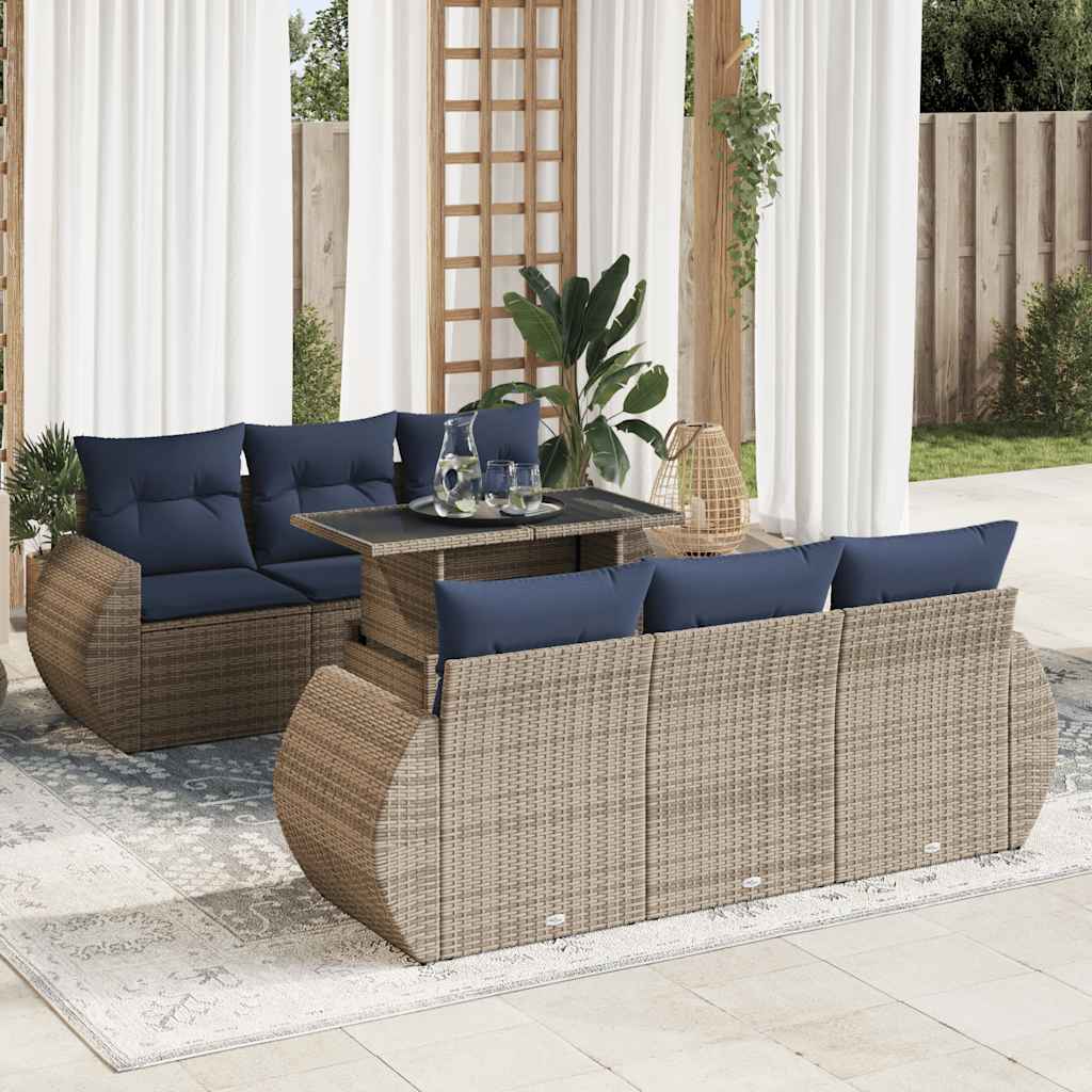 7-tlg. Garten-Sofagarnitur mit Kissen Grau Poly Rattan Akazie