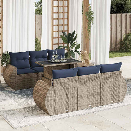 7-tlg. Garten-Sofagarnitur mit Kissen Grau Poly Rattan Akazie