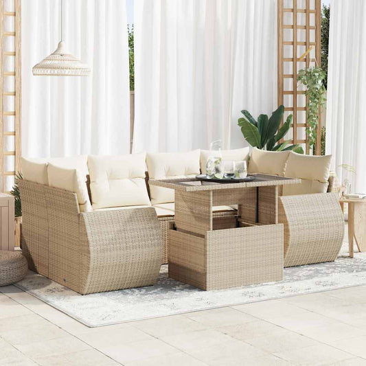 7-tlg. Garten-Sofagarnitur mit Kissen Beige Poly Rattan