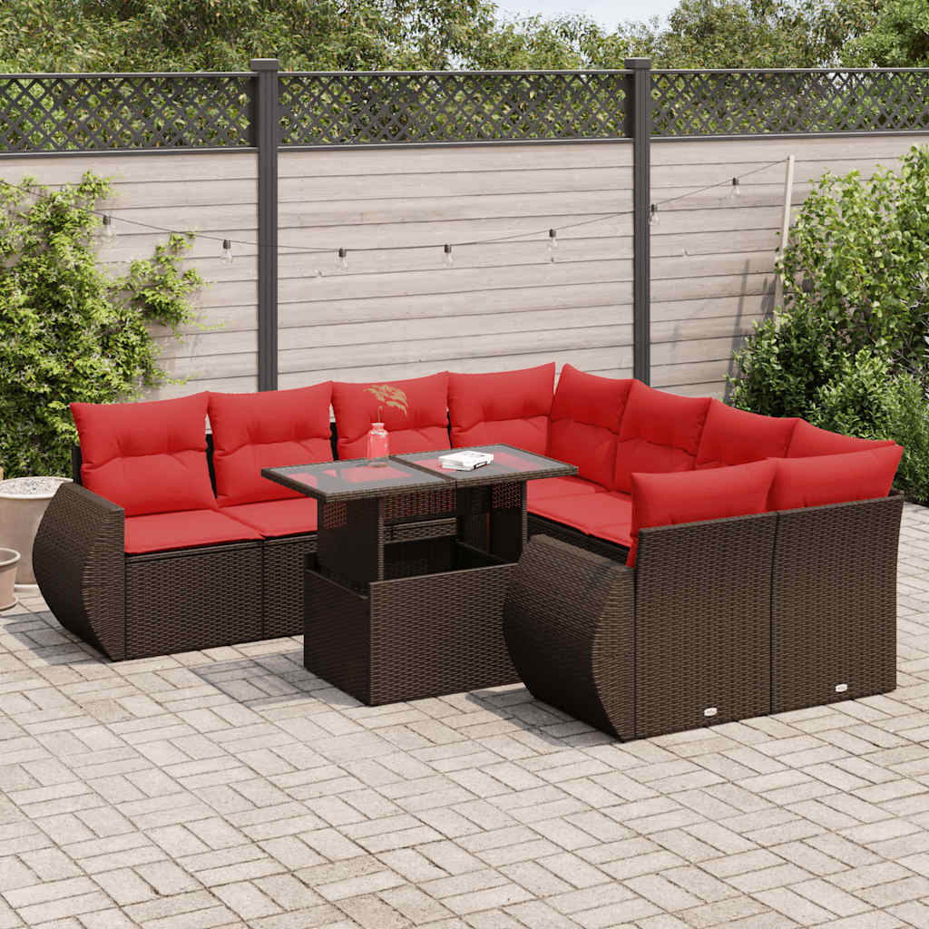 9-tlg. Garten-Sofagarnitur mit Kissen Braun Poly Rattan Akazie