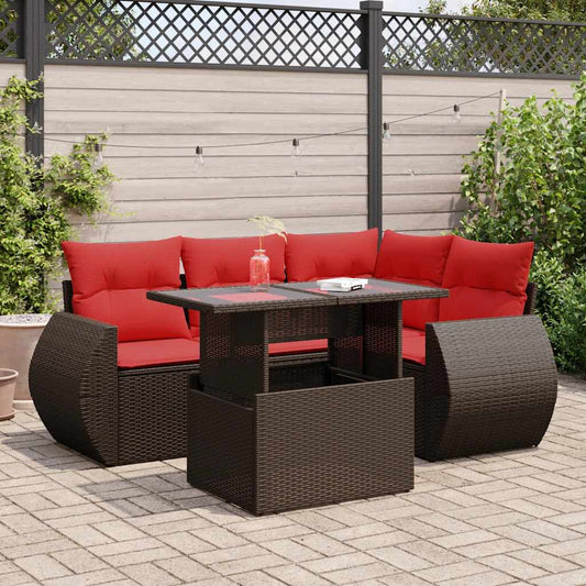 5-tlg. Garten-Sofagarnitur mit Kissen Braun Poly Rattan Akazie