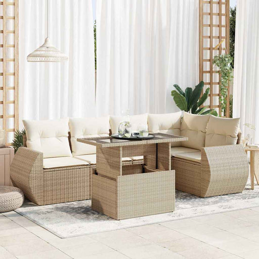 6-tlg. Garten-Sofagarnitur mit Kissen Beige Poly Rattan