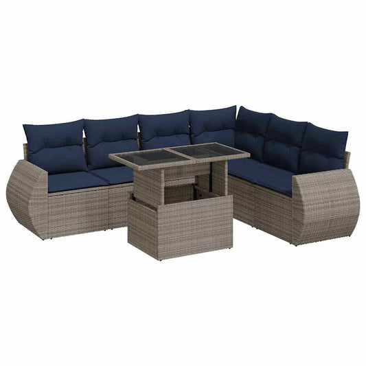 7-tlg. Garten-Sofagarnitur mit Kissen Grau Poly Rattan Akazie