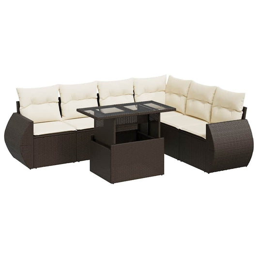 7-tlg. Garten-Sofagarnitur mit Kissen Braun Poly Rattan