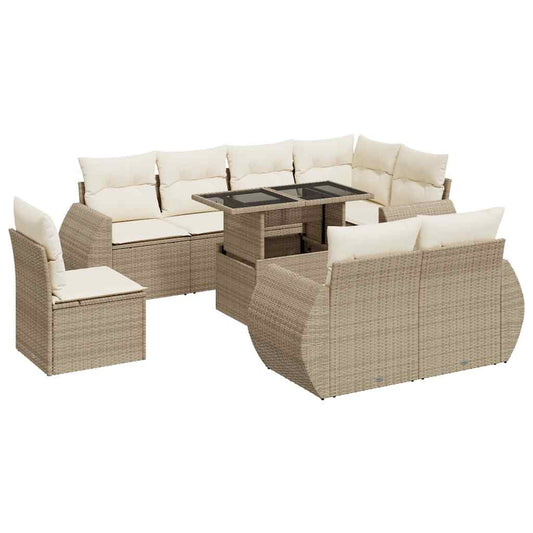 9-tlg. Garten-Sofagarnitur mit Kissen Beige Poly Rattan
