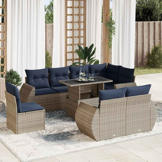 9-tlg. Garten-Sofagarnitur mit Kissen Grau Poly Rattan Akazie