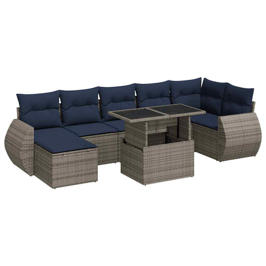 8-tlg. Garten-Sofagarnitur mit Kissen Grau Poly Rattan Akazie