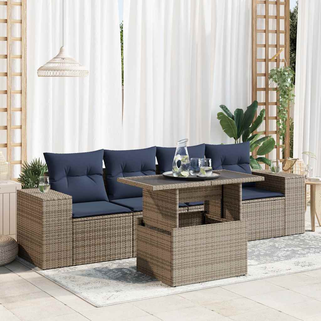 5-tlg. Garten-Sofagarnitur mit Kissen Grau Poly Rattan Akazie