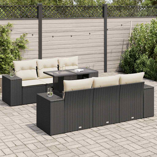 7-tlg. Garten-Sofagarnitur mit Kissen Schwarz Poly Rattan