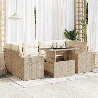 7-tlg. Garten-Sofagarnitur mit Kissen Beige Poly Rattan