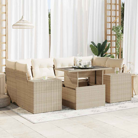 7-tlg. Garten-Sofagarnitur mit Kissen Beige Poly Rattan
