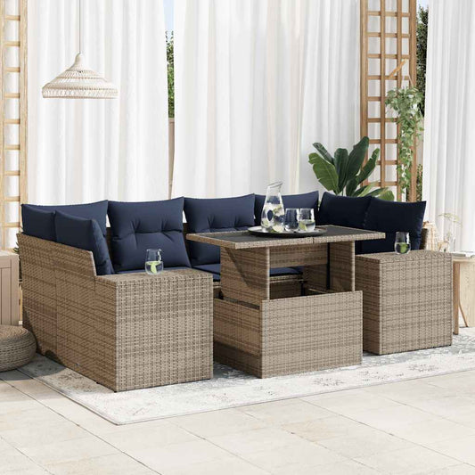 7-tlg. Garten-Sofagarnitur mit Kissen Grau Poly Rattan Akazie