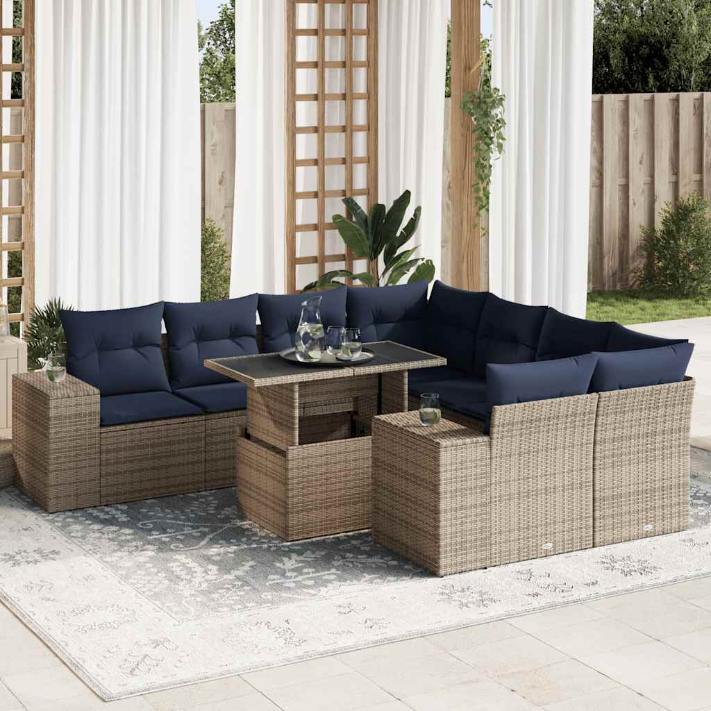 9-tlg. Garten-Sofagarnitur mit Kissen Grau Poly Rattan Akazie