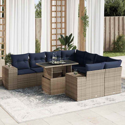 9-tlg. Garten-Sofagarnitur mit Kissen Grau Poly Rattan Akazie