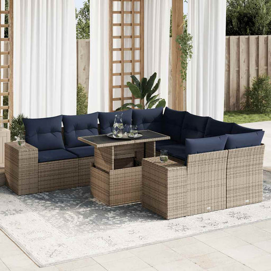 9-tlg. Garten-Sofagarnitur mit Kissen Grau Poly Rattan Akazie