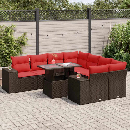 9-tlg. Garten-Sofagarnitur mit Kissen Braun Poly Rattan Akazie