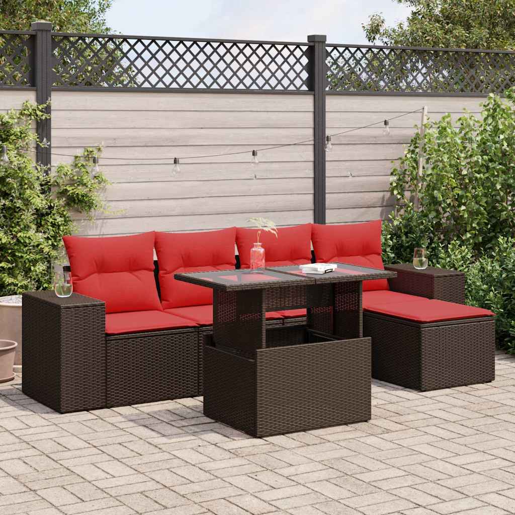 6-tlg. Garten-Sofagarnitur mit Kissen Braun Poly Rattan Akazie