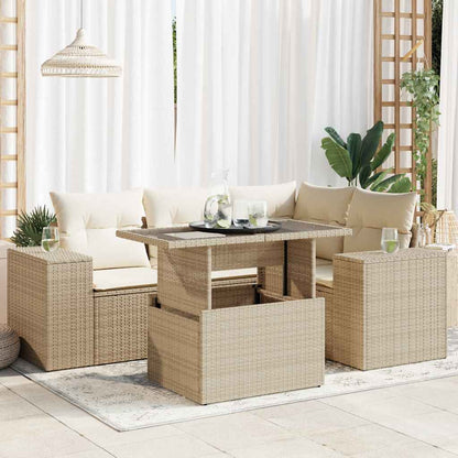 5-tlg. Garten-Sofagarnitur mit Kissen Beige Poly Rattan
