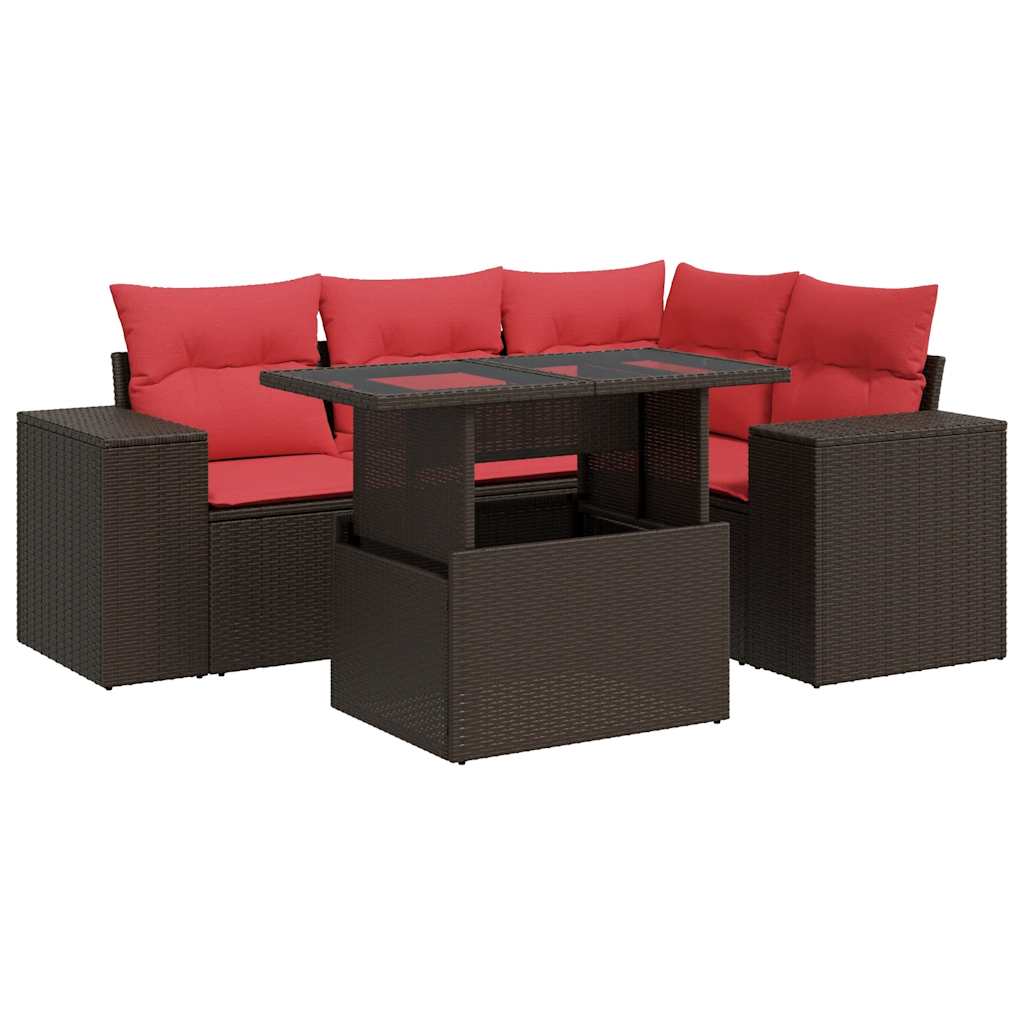 5-tlg. Garten-Sofagarnitur mit Kissen Braun Poly Rattan Akazie