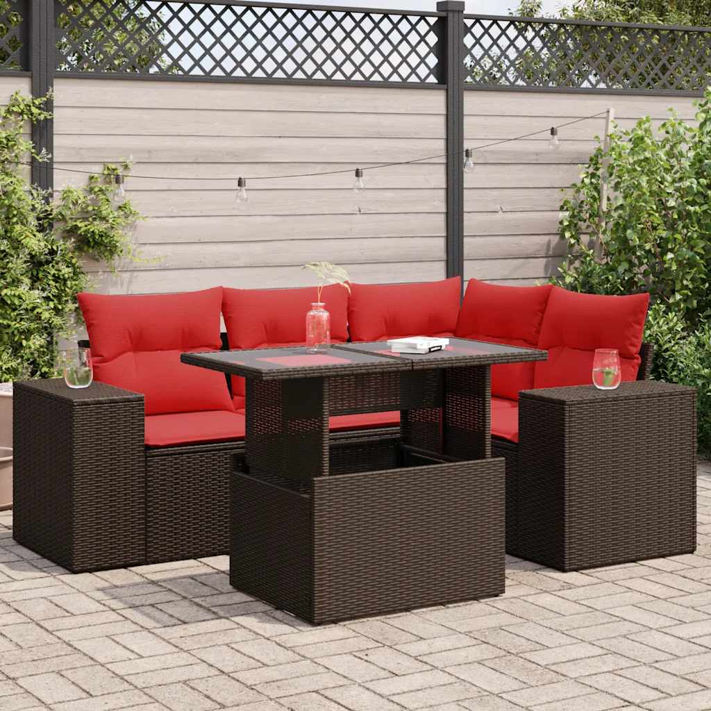 5-tlg. Garten-Sofagarnitur mit Kissen Braun Poly Rattan Akazie