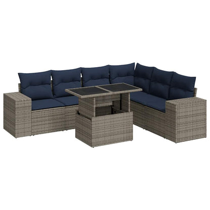 7-tlg. Garten-Sofagarnitur mit Kissen Grau Poly Rattan Akazie