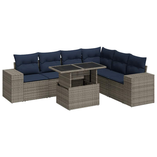 7-tlg. Garten-Sofagarnitur mit Kissen Grau Poly Rattan Akazie