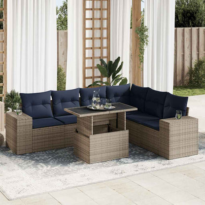 7-tlg. Garten-Sofagarnitur mit Kissen Grau Poly Rattan Akazie