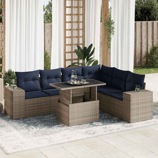 7-tlg. Garten-Sofagarnitur mit Kissen Grau Poly Rattan Akazie