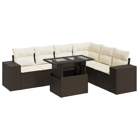 7-tlg. Garten-Sofagarnitur mit Kissen Braun Poly Rattan