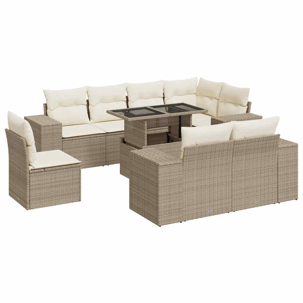9-tlg. Garten-Sofagarnitur mit Kissen Beige Poly Rattan