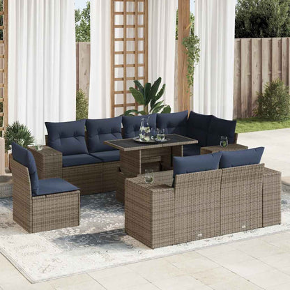 9-tlg. Garten-Sofagarnitur mit Kissen Grau Poly Rattan Akazie