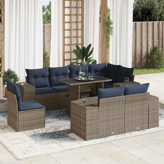 9-tlg. Garten-Sofagarnitur mit Kissen Grau Poly Rattan Akazie