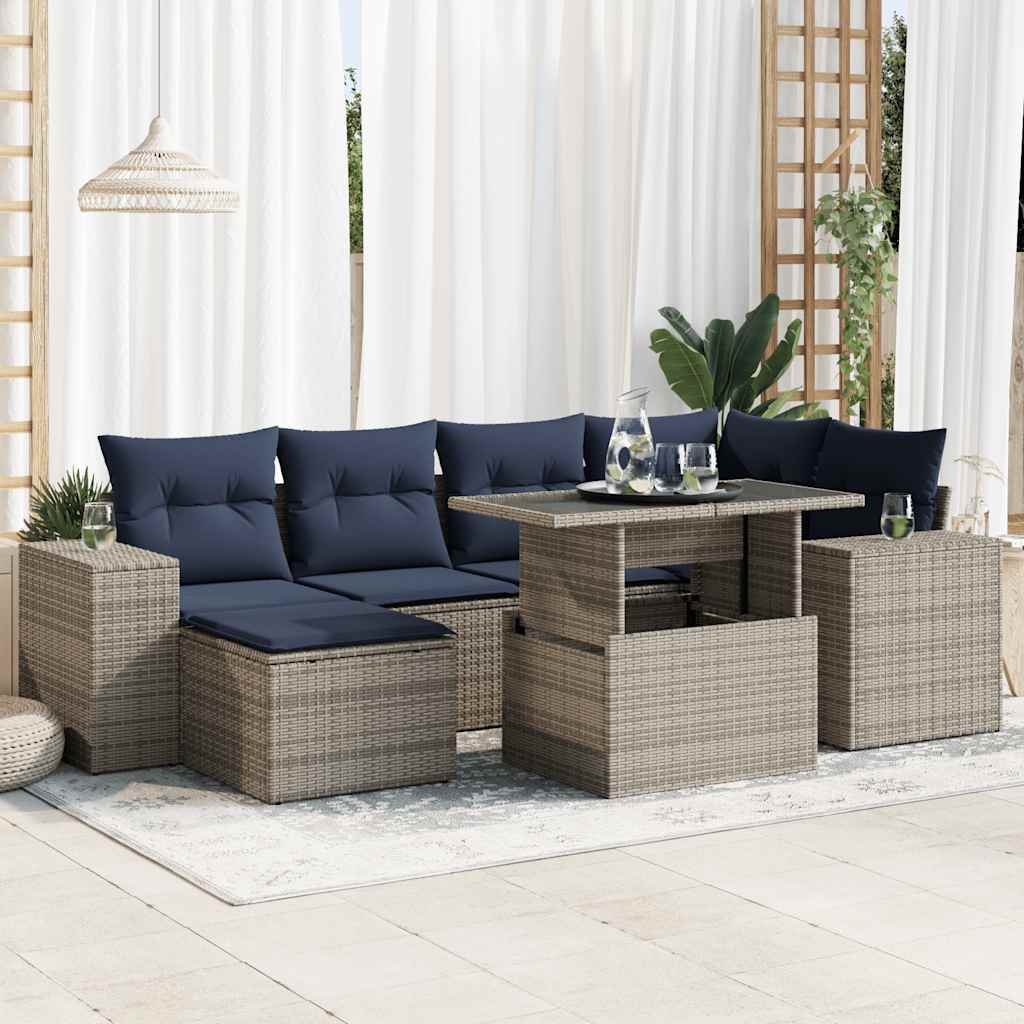 9-tlg. Garten-Sofagarnitur mit Kissen Grau Poly Rattan Akazie