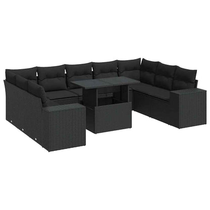 10-tlg. Garten-Sofagarnitur mit Kissen Schwarz Poly Rattan