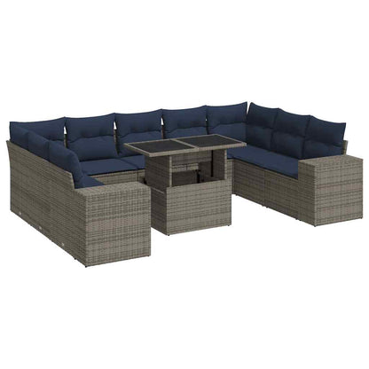 10-tlg. Garten-Sofagarnitur mit Kissen Grau Poly Rattan Akazie