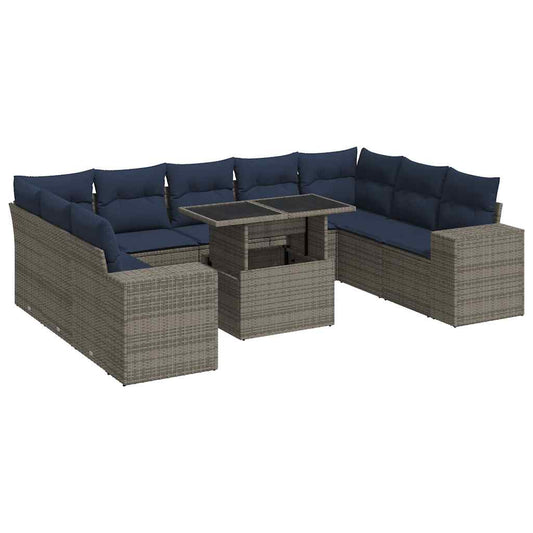 10-tlg. Garten-Sofagarnitur mit Kissen Grau Poly Rattan Akazie