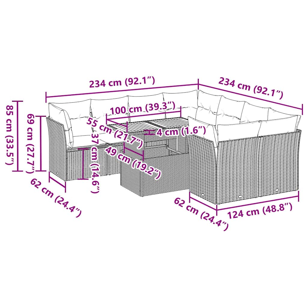 9-tlg. Garten-Sofagarnitur mit Kissen Grau Poly Rattan