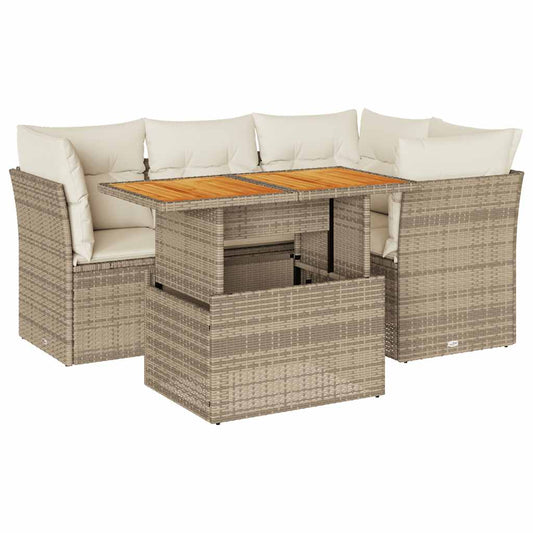 5-tlg. Garten-Sofagarnitur mit Kissen Beige Poly Rattan