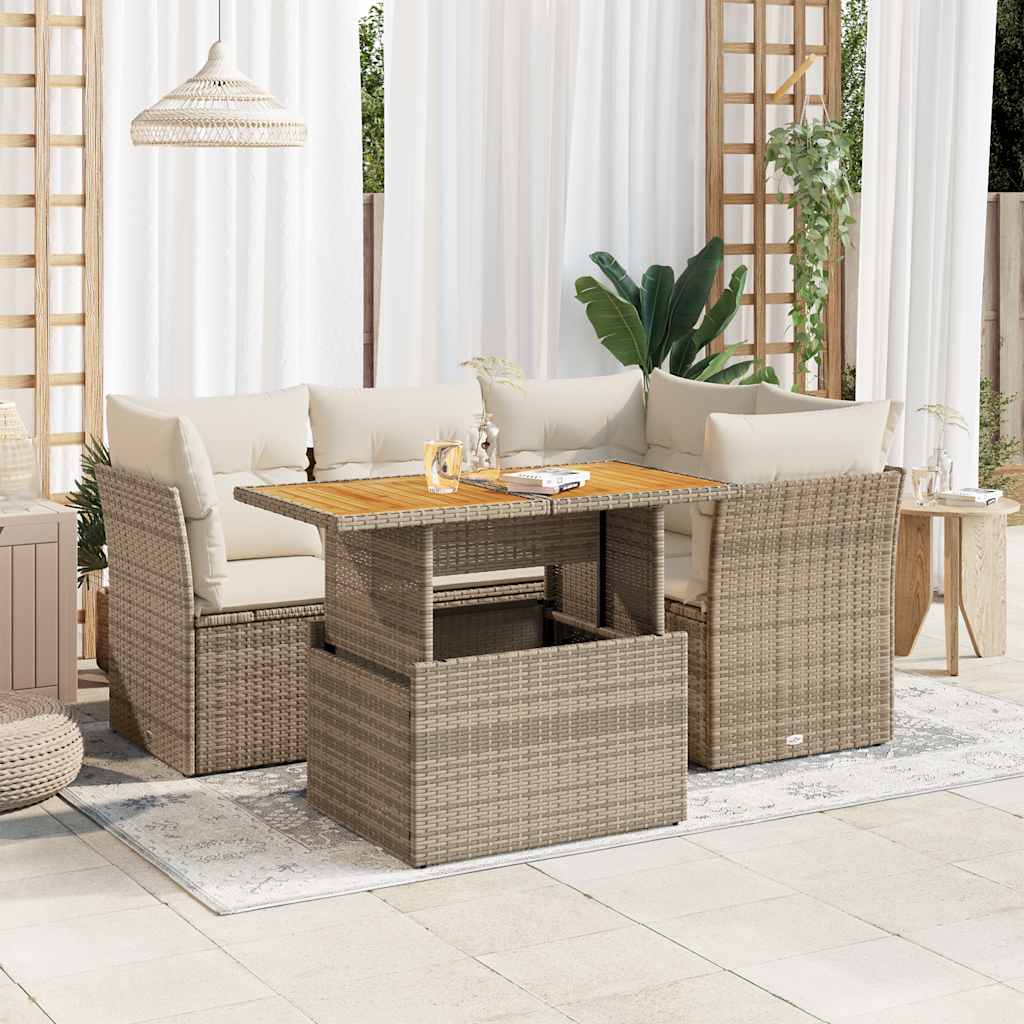 5-tlg. Garten-Sofagarnitur mit Kissen Beige Poly Rattan