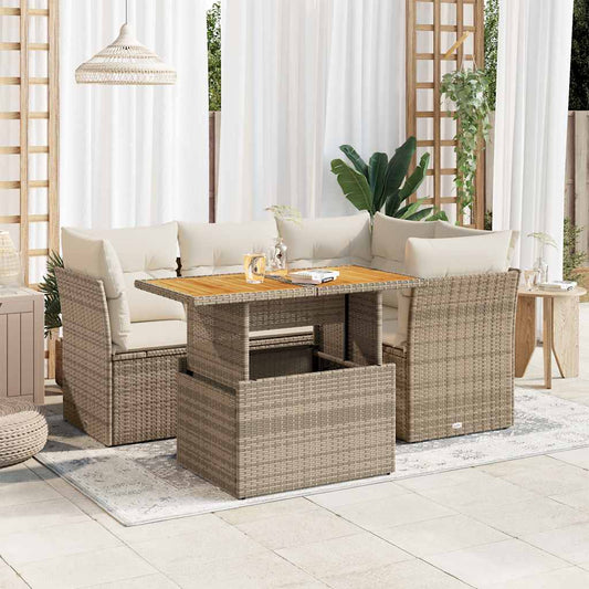 5-tlg. Garten-Sofagarnitur mit Kissen Beige Poly Rattan