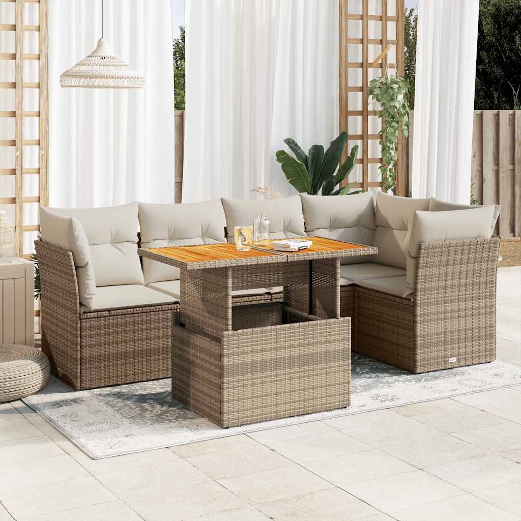 6-tlg. Garten-Sofagarnitur mit Kissen Beige Poly Rattan
