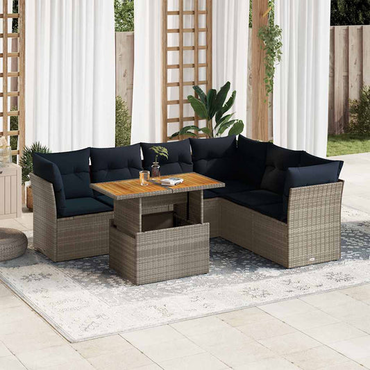 7-tlg. Garten-Sofagarnitur mit Kissen Grau Poly Rattan